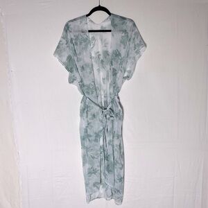 5/$25 Women’s Sheer White W Green Floral Print Swim Cover Wrap W Belt L